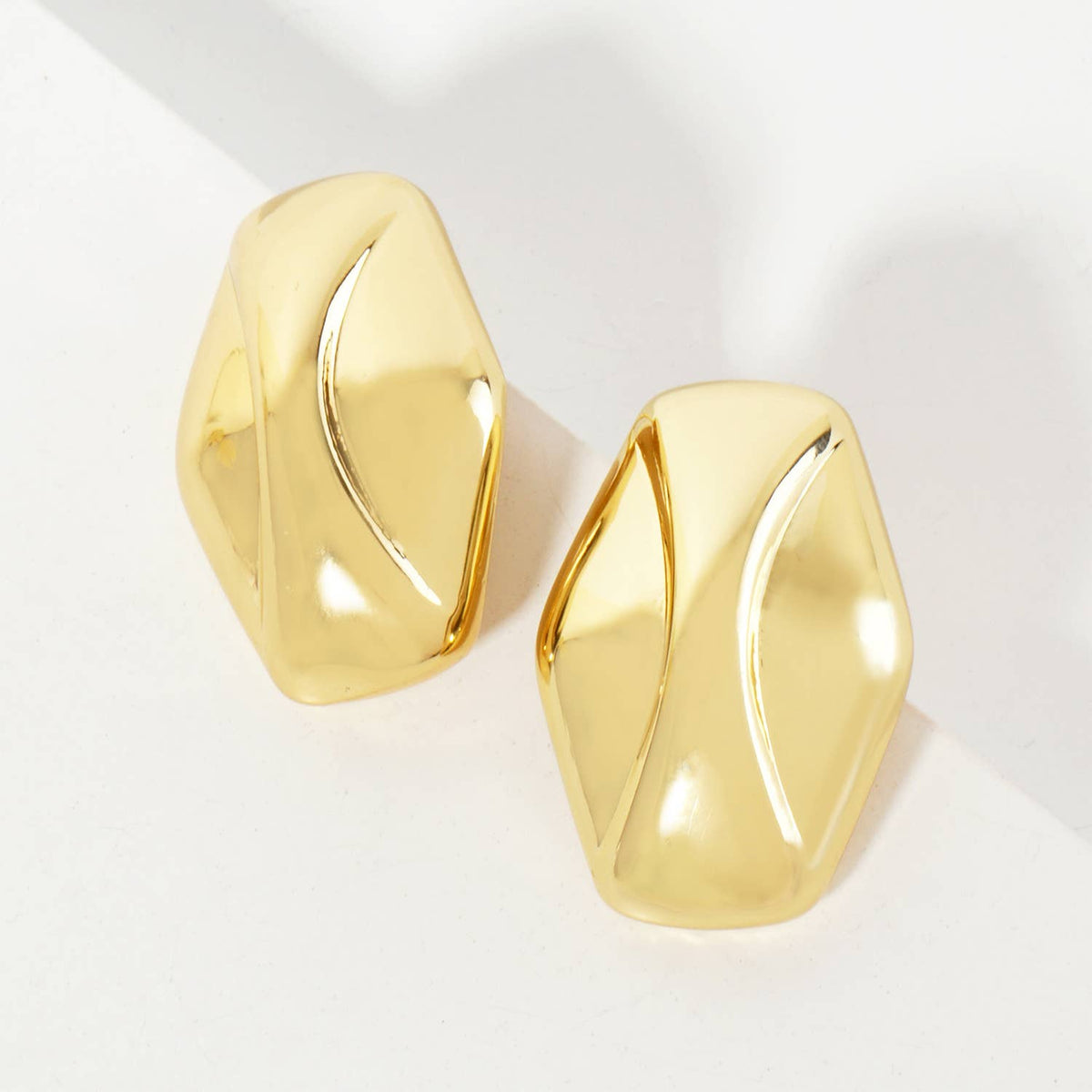 Polished Brass Soft-Curve Lined Hexagon Stud Earrings