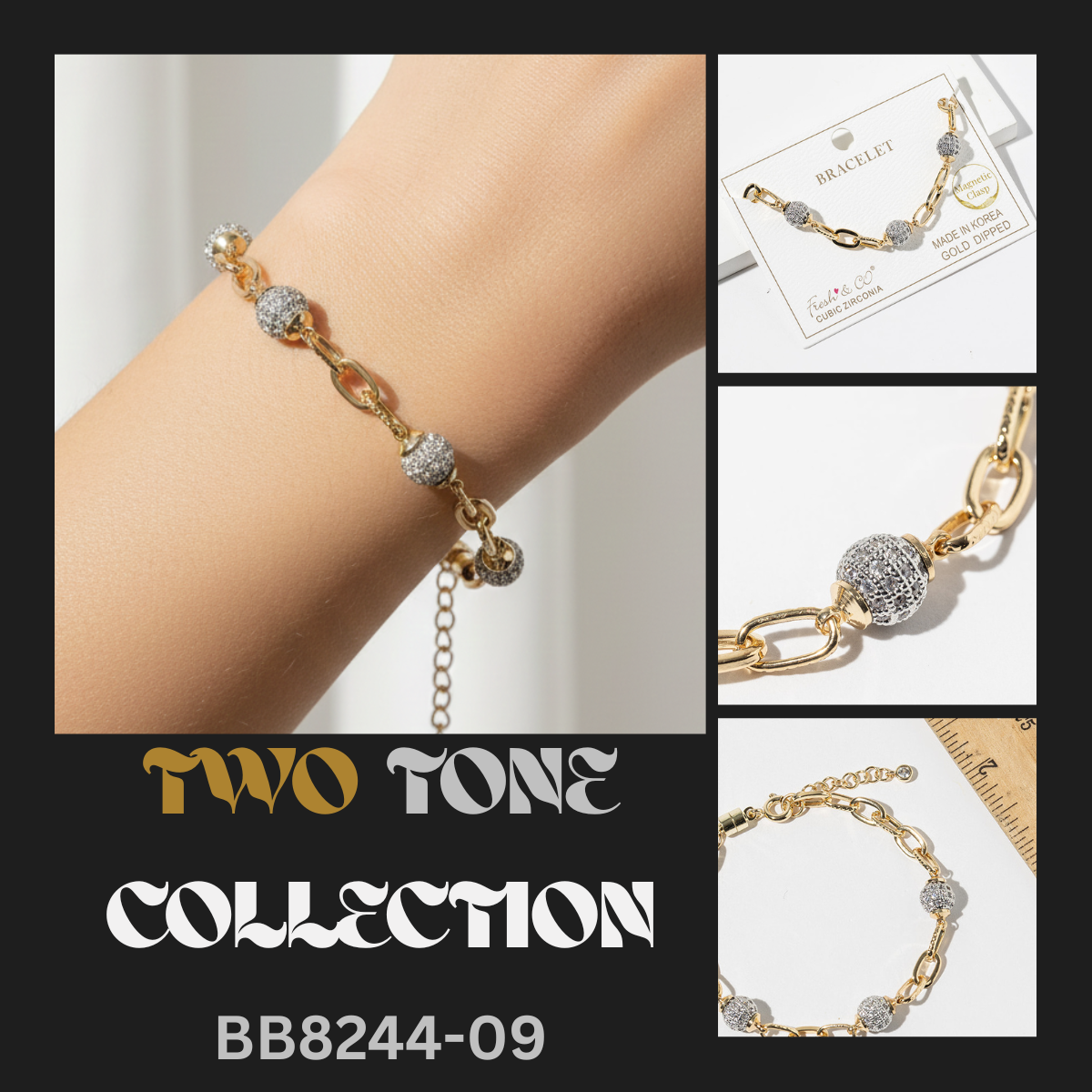 Two-Tone Gold Dipped Link Bracelet with Cubic Zirconia Pavé