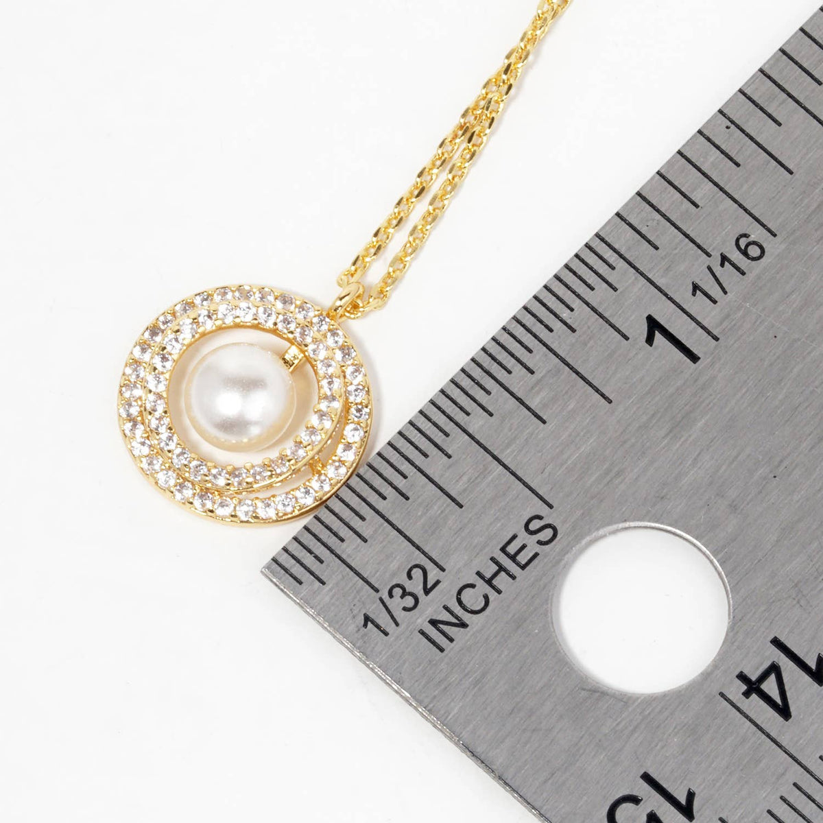 18K Gold Dipped CZ Pave Double Circle Pearl Pendant Necklace