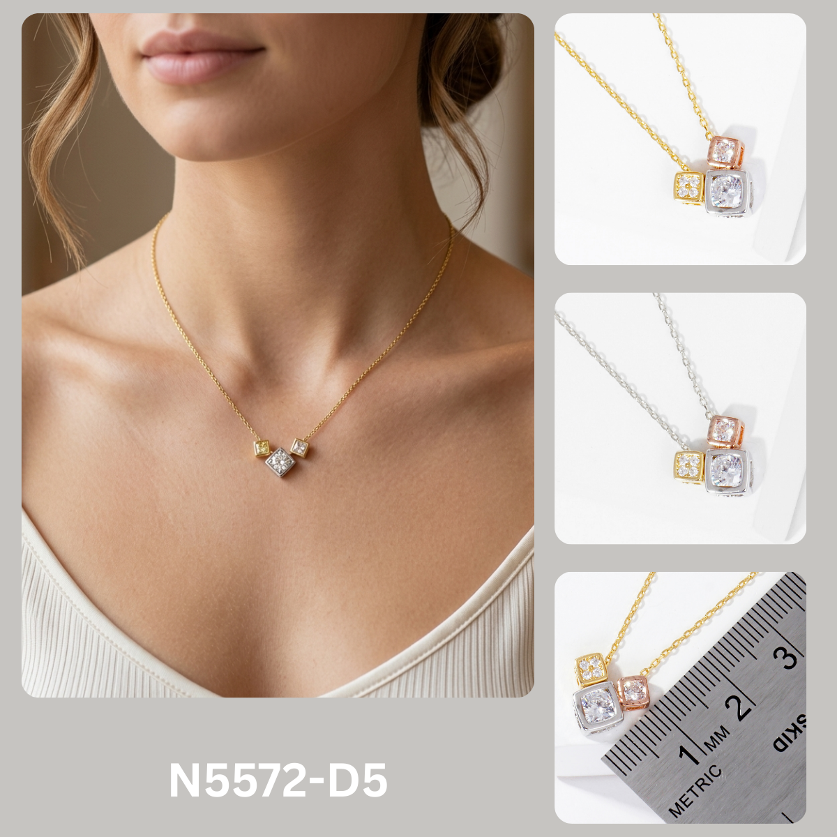 Geometric Tri-Tone Cube Charm Necklace