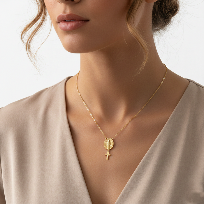 Gold Dipped Virgin Mary & Cross Double Pendant Necklace