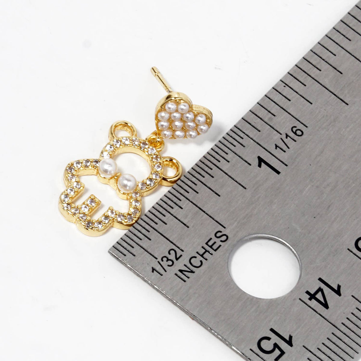 Cubic Zirconia Pearl Heart Bear Dangle Earrings