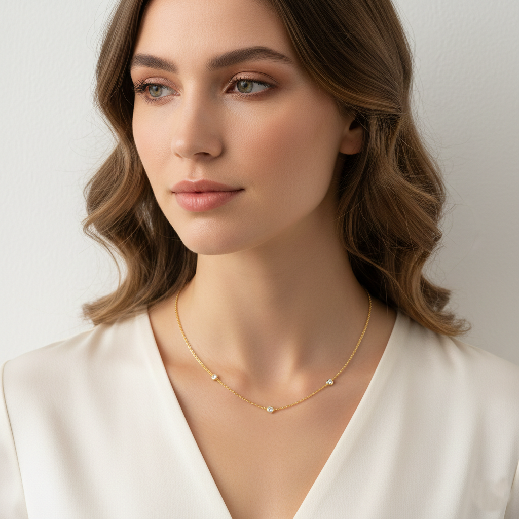 18K Gold Plated Triple Bezel-Set CZ Station Necklace