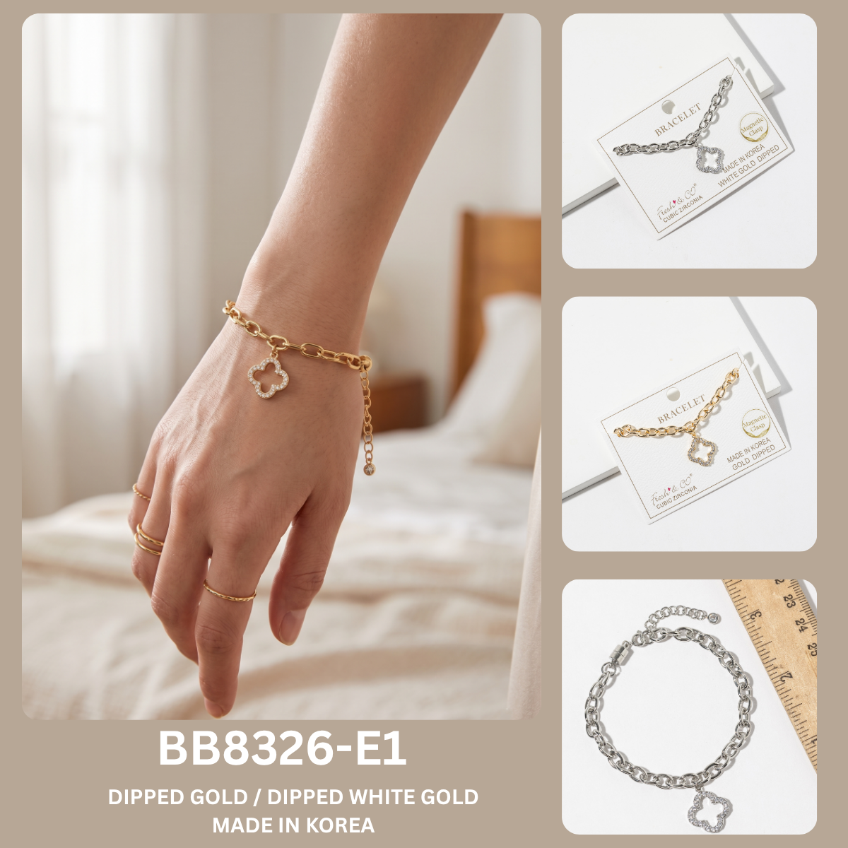 Cubic Zirconia Clover Charm Link Bracelet