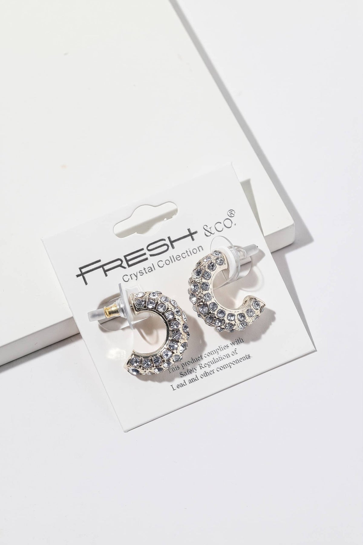 Crystal Half-Hoop Earrings – Pavé Dome Crescent, Gold