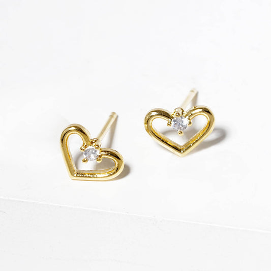 18K Gold Dipped CZ Stone Heart Post Stud Earrings