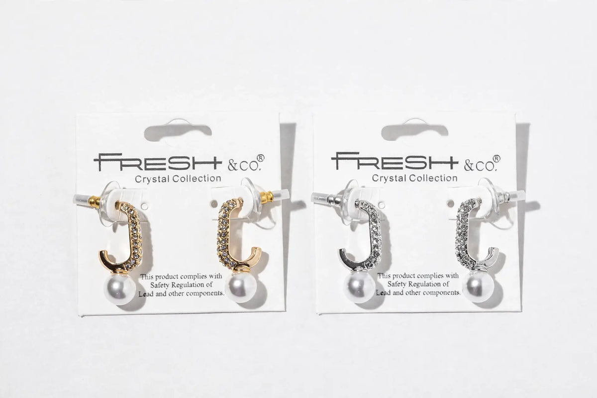 Crystal J-Hook Pearl Drop Earrings – Pavé Curve with Pearl