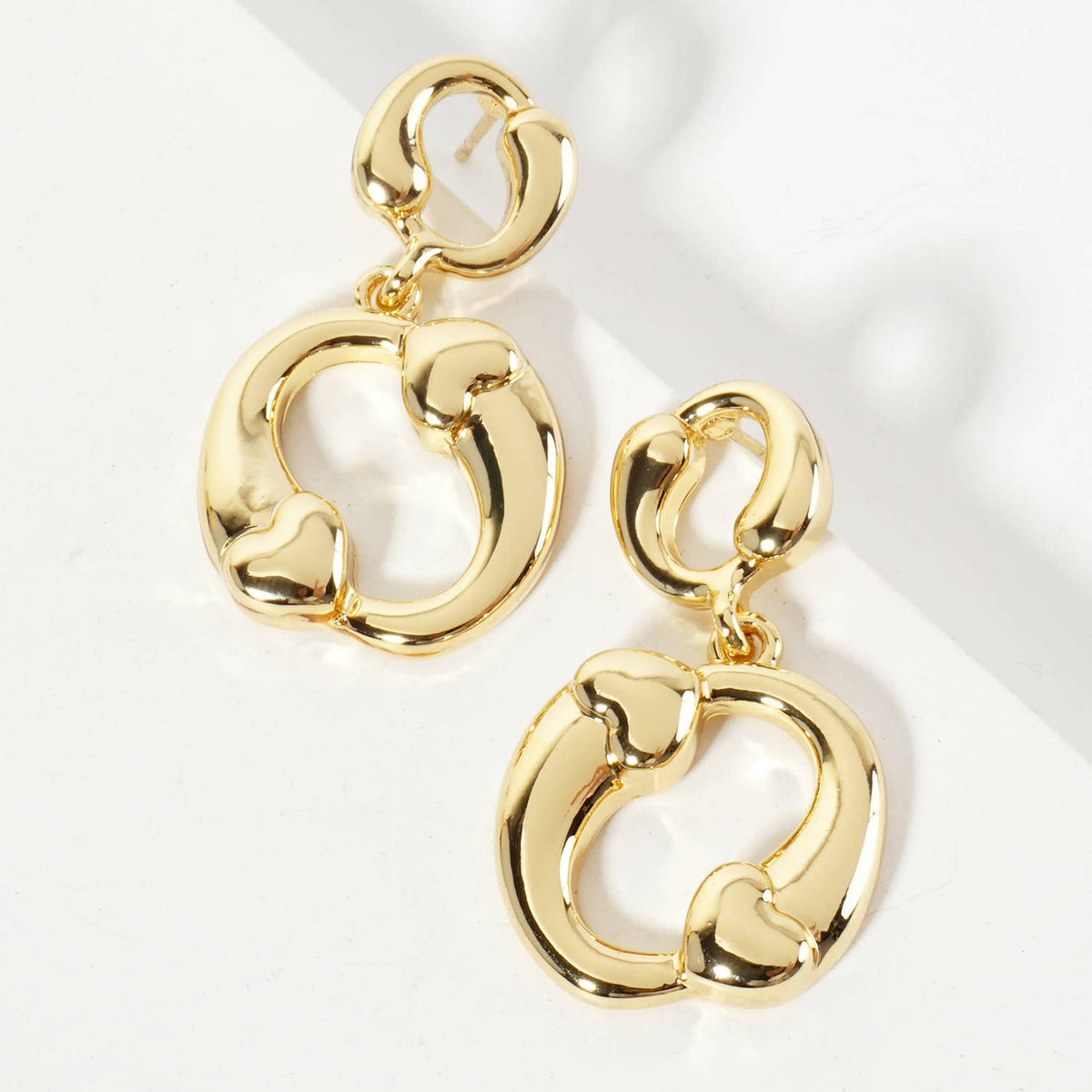 Polished Brass Heart Accent Circle Drop Earrings