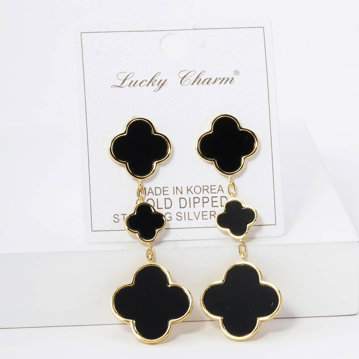 18K GOLD DIPPED THREE QUATREFOIL DROP DANGLE POST EARRINGS