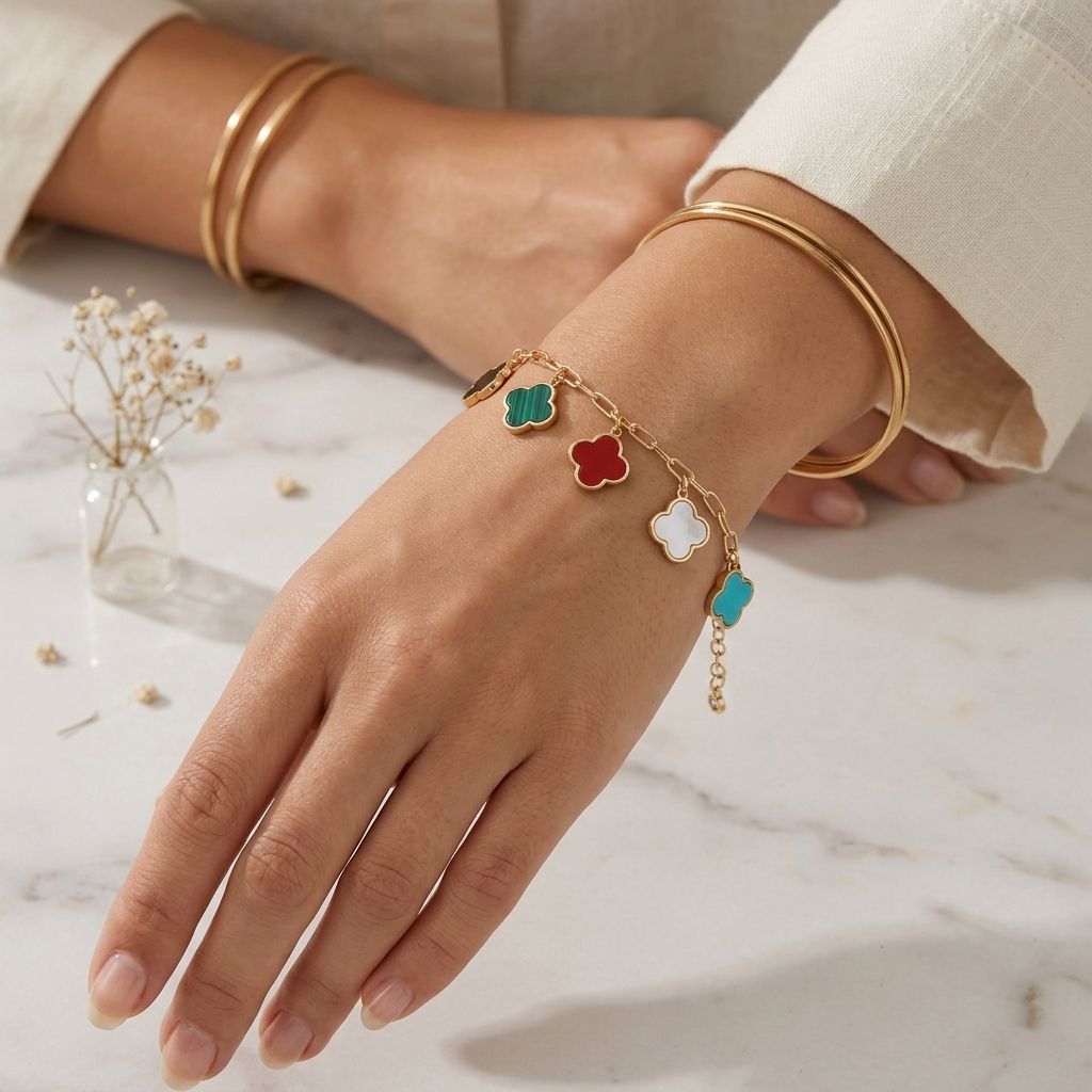 Mother of Pearl Clover Charm Paperclip Link Bracelet