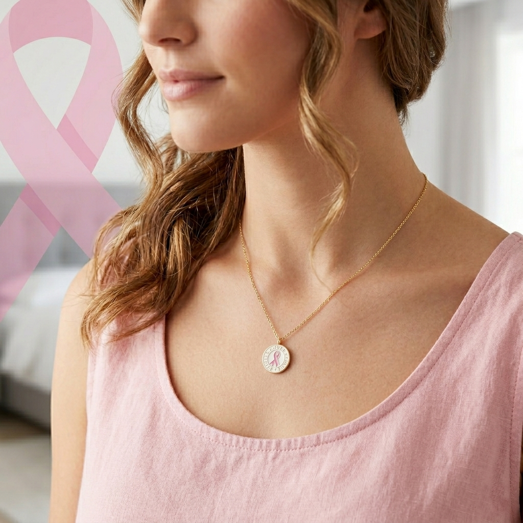 White Shelled Breast Cancer Awareness Ribbon Coin Necklace