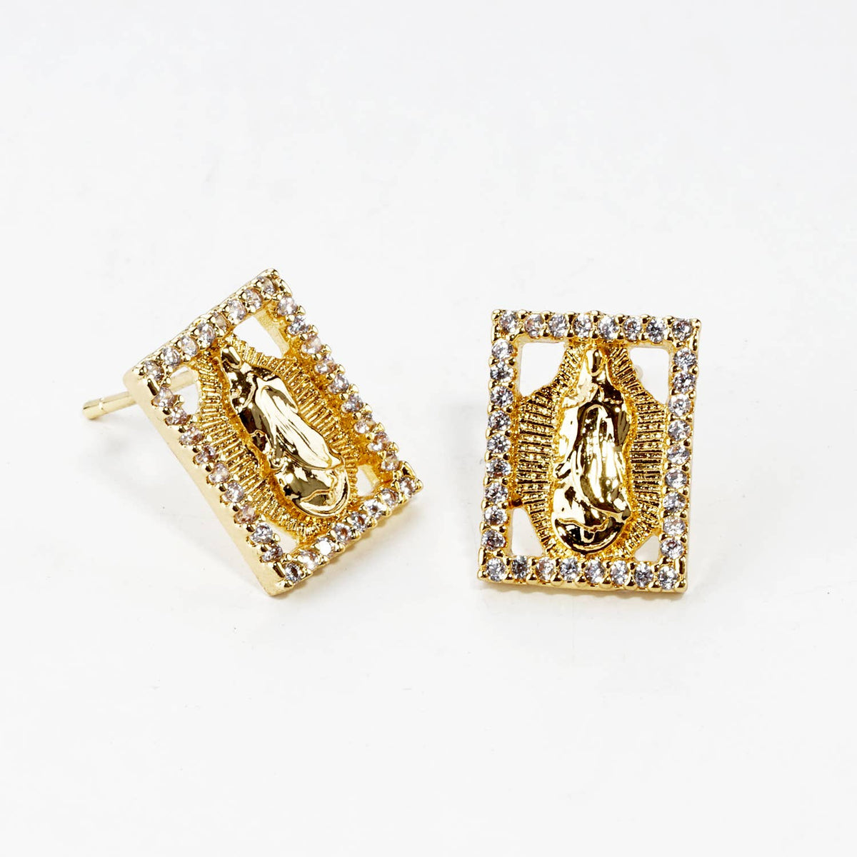 Dainty Pave Virgin Mary Rectangle Stud Earrings