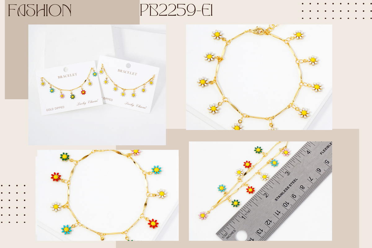 Botanical-Theme Enamel Flower Charms Chain Bracelet