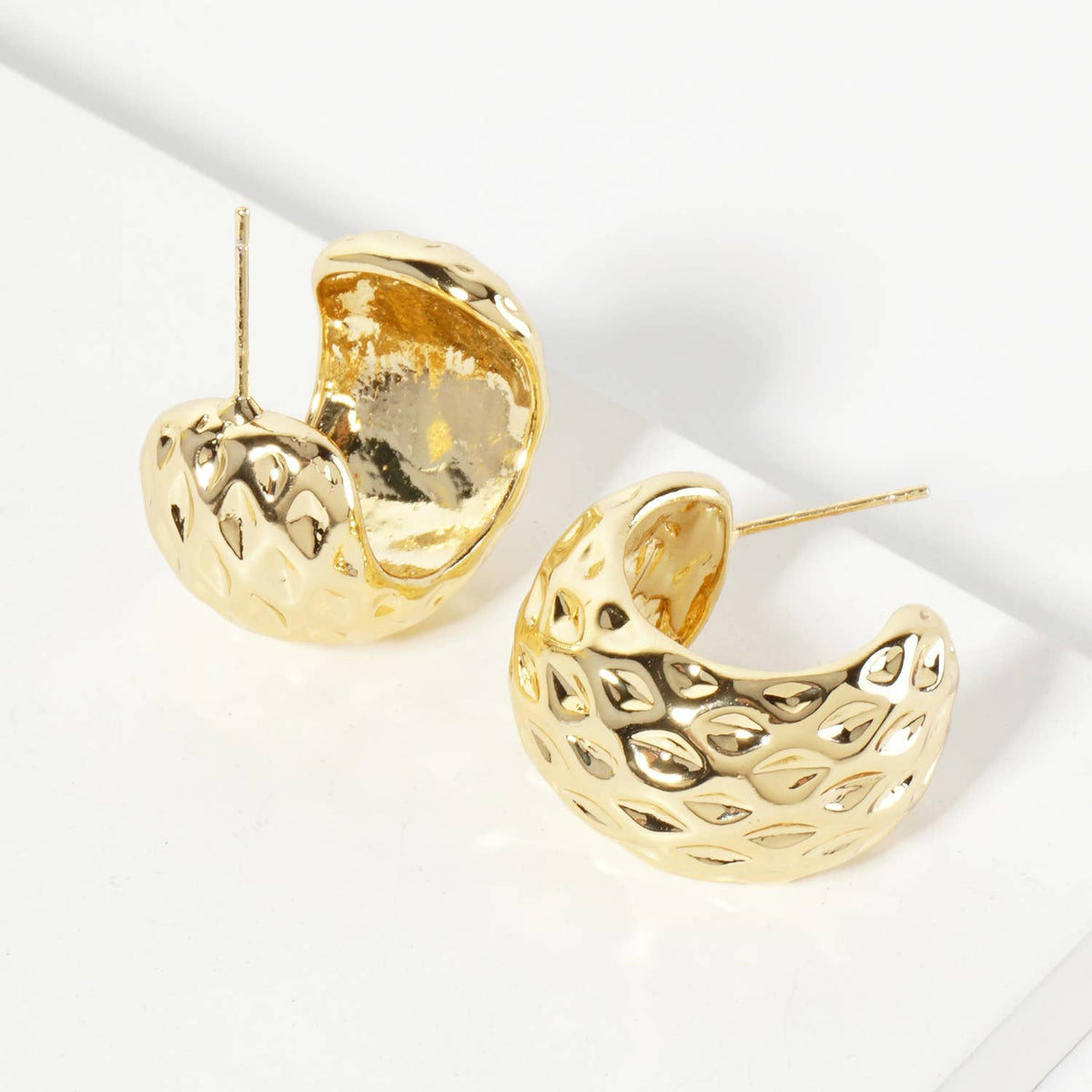 Polished Brass Sculpted Rhombus Open Hoop Earrings