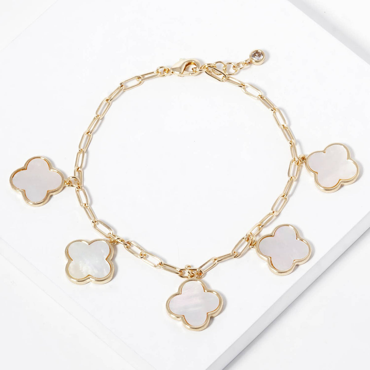 Mother of Pearl Clover Charm Paperclip Link Bracelet