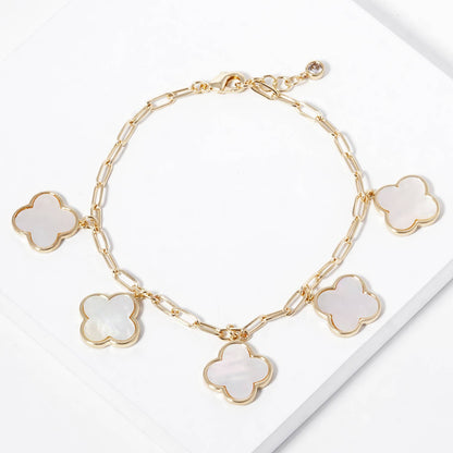 Mother of Pearl Clover Charm Paperclip Link Bracelet