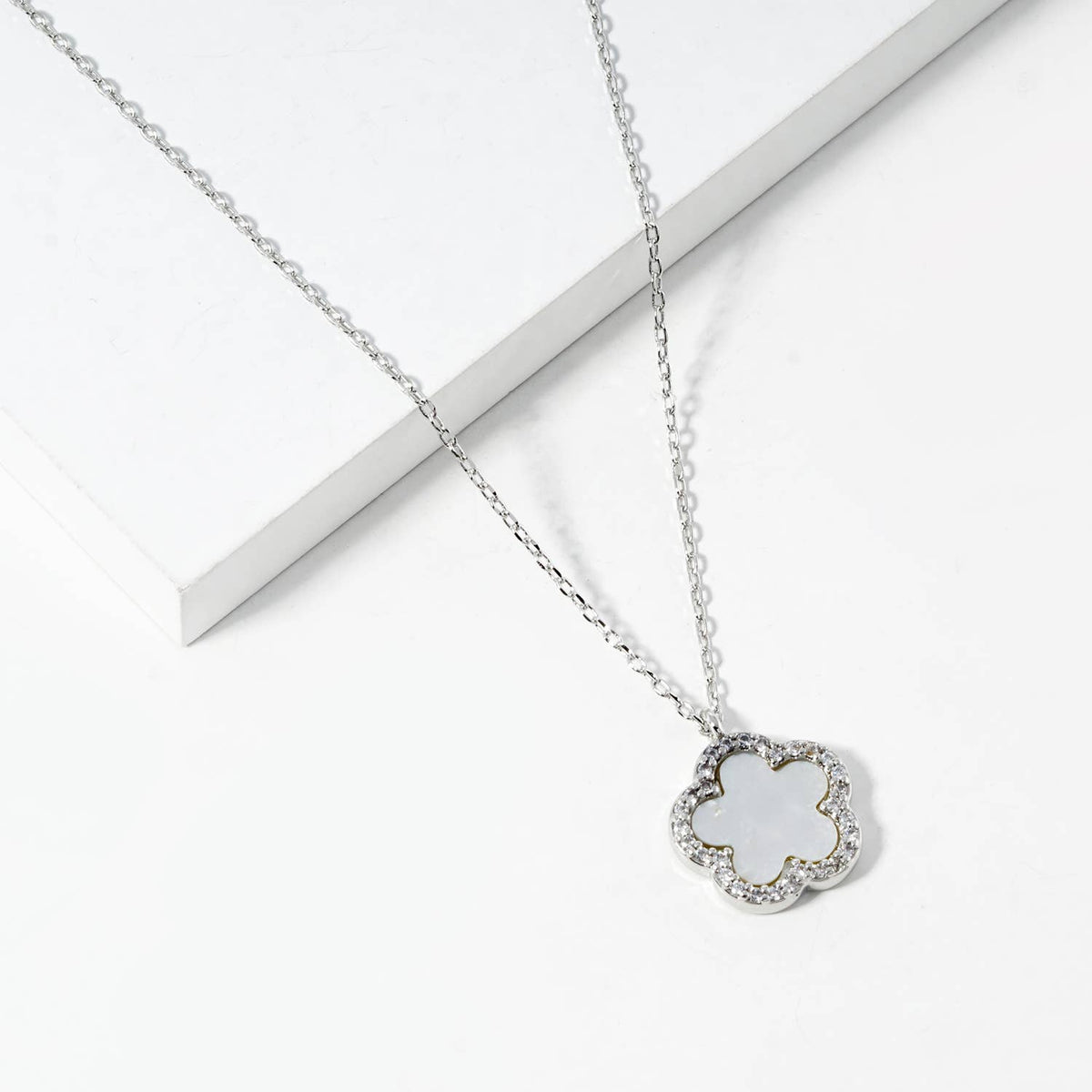 Clover Flower Pendant Necklace with Crystal Border