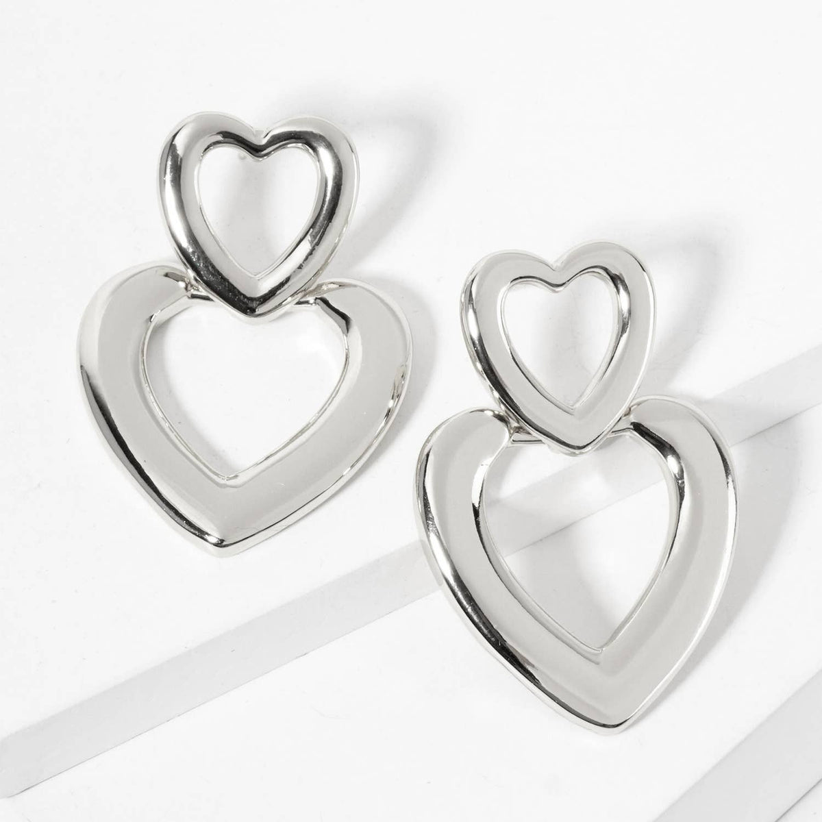Polished Brass Cutout Double Heart Drop Dangle Earrings