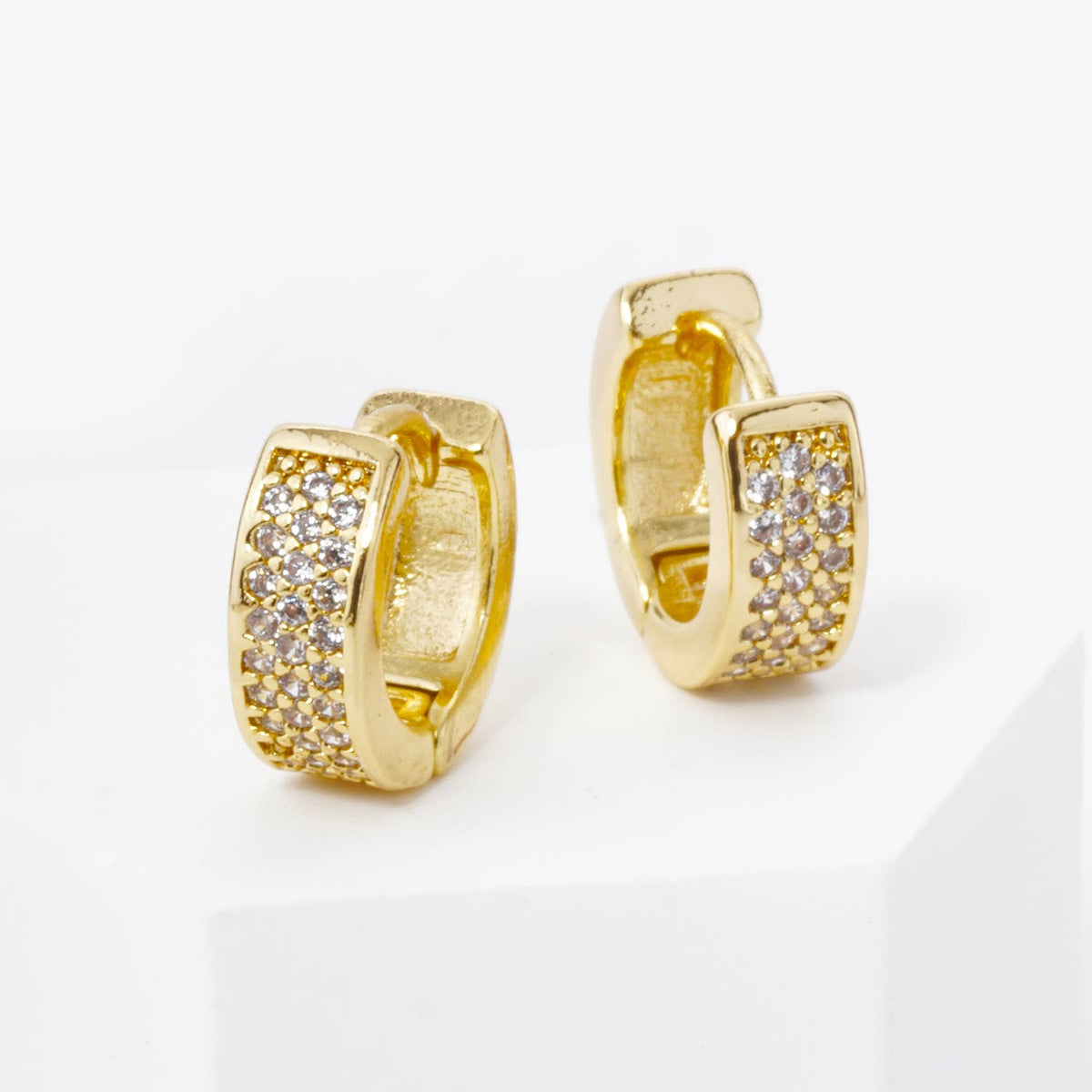 3 LINE MICRO PAVE SET CUBIC ZIRCONIA 10MM HUGGIE HOOP.