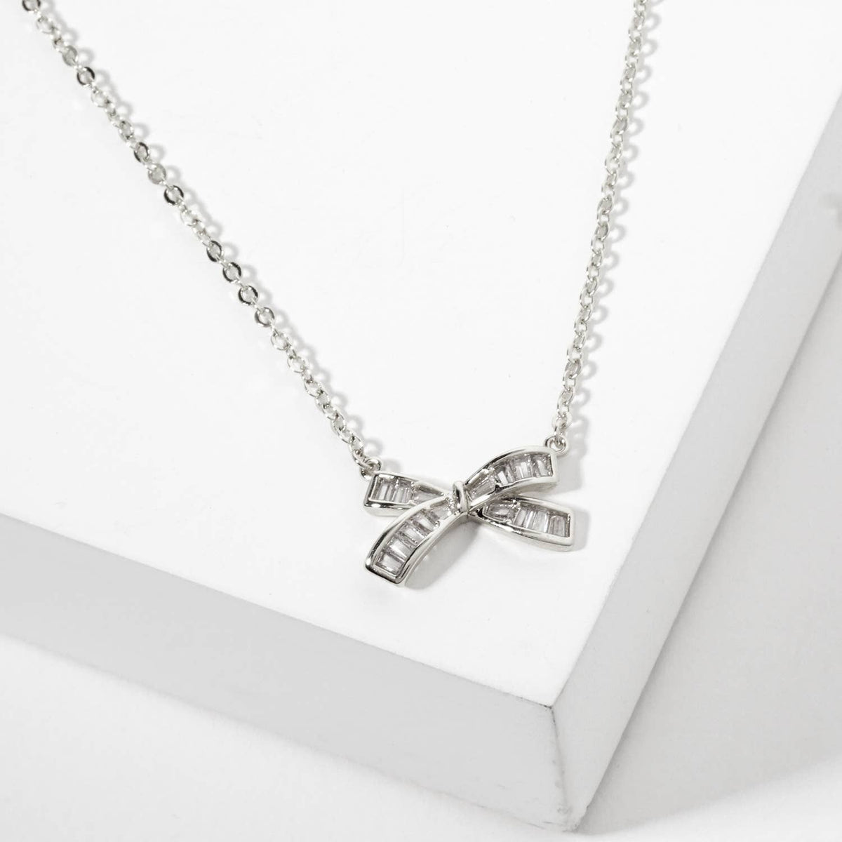 Bow Pendant with Square-Cubic-Zirconia Stones Necklace