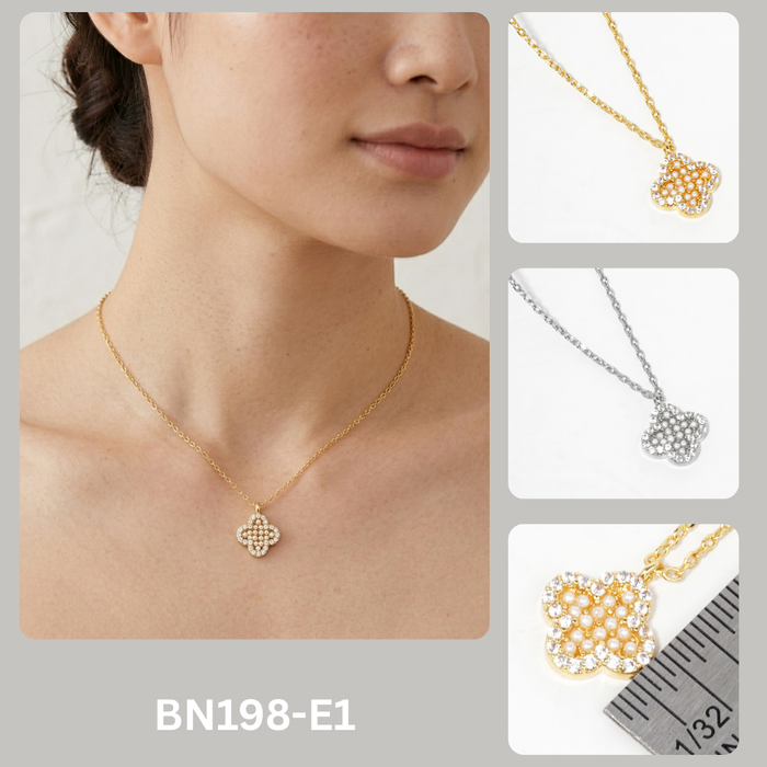 Crystal and Faux Pearl Clover Pendant Necklace