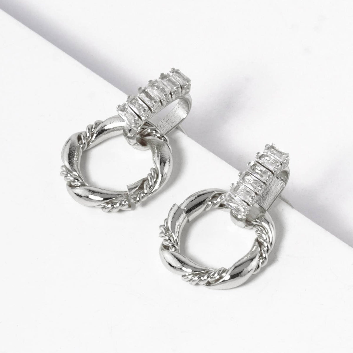 Geometric Twist & Cubic Zirconia Drop Hoop Earrings