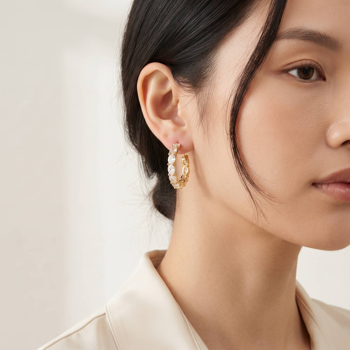 Dainty Cubic Zirconia Oval Halo Huggie Hoop Earrings