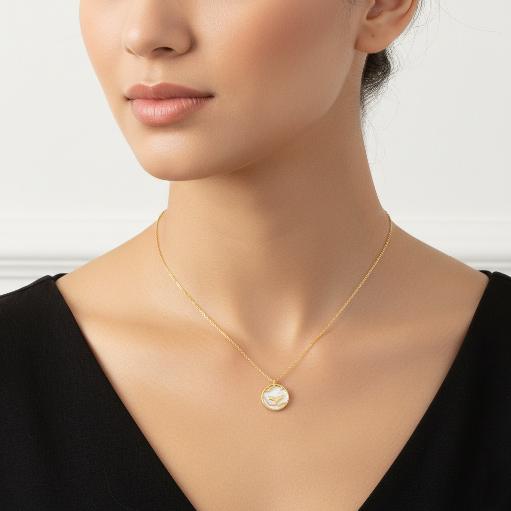 Mother of Pearl Whale Tail Disc Pendant Necklace