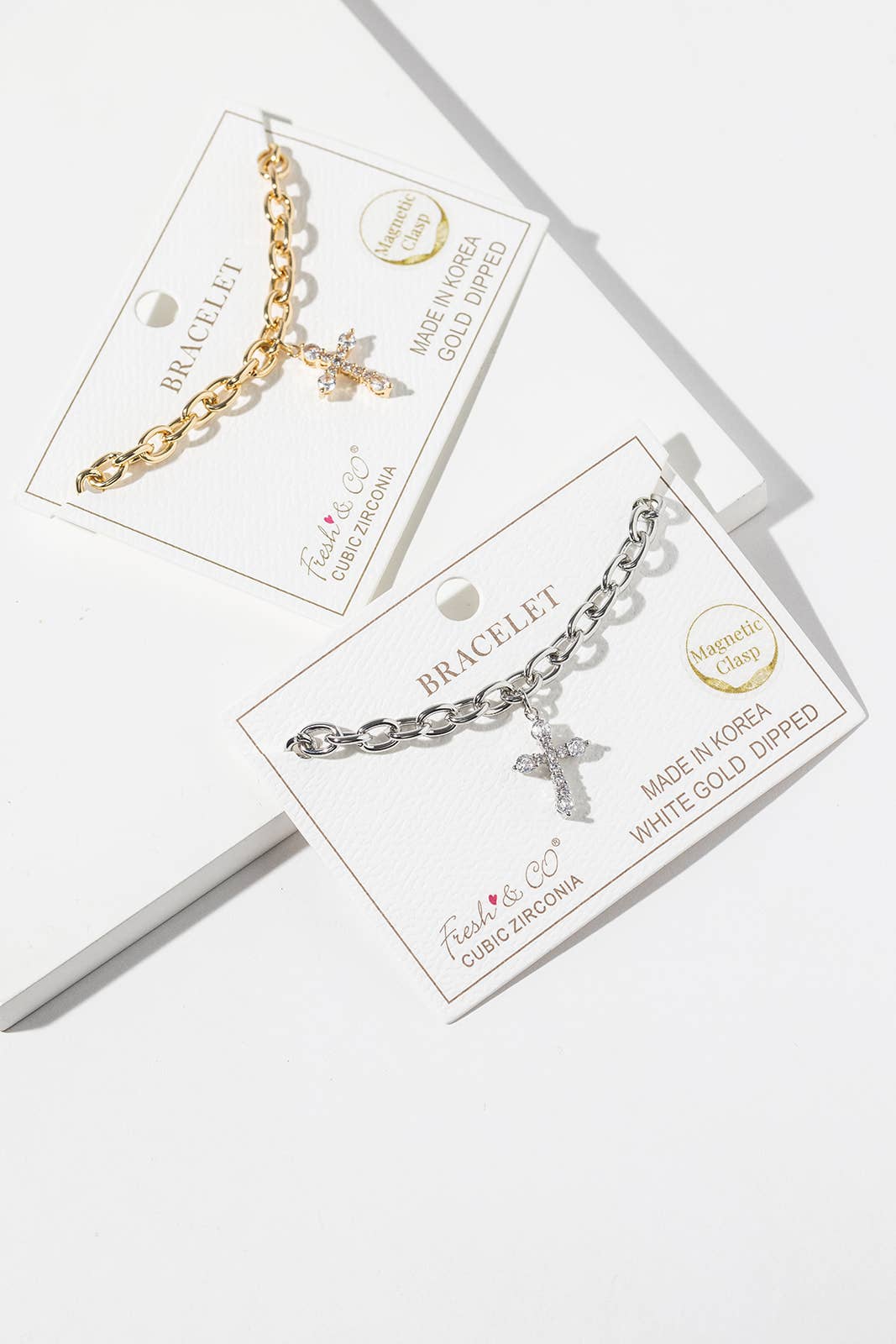 Cubic Zirconia Cross Charm Link Bracelet with Magnetic Clasp