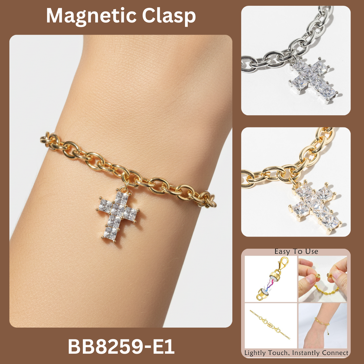 Sparkling CZ Cross Charm Bracelet with Magnetic Clasp