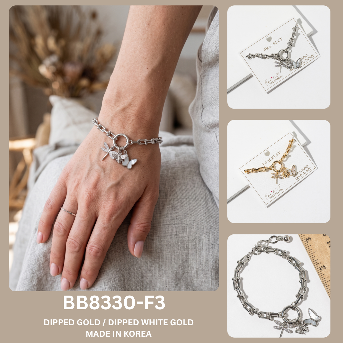 Nature Motif Triple Charm Link Bracelet
