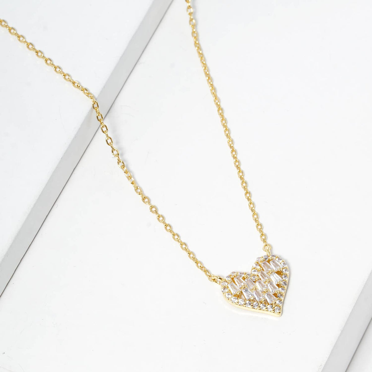 Minimalist Dainty Baguette Zirconia Heart Pendant Necklace