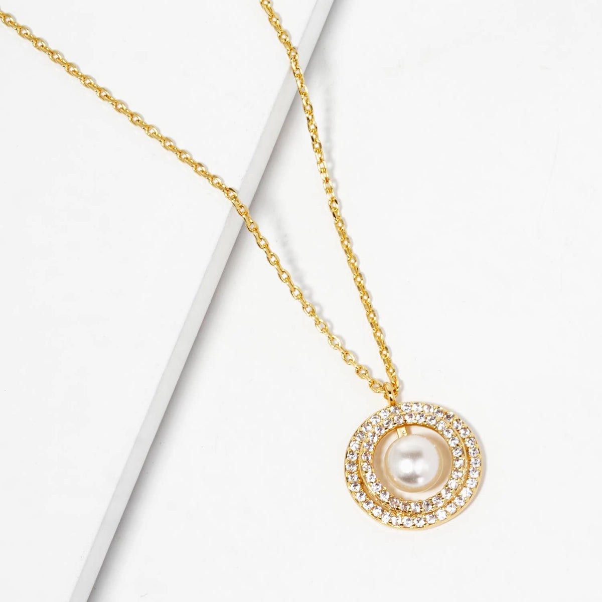 18K Gold Dipped CZ Pave Double Circle Pearl Pendant Necklace