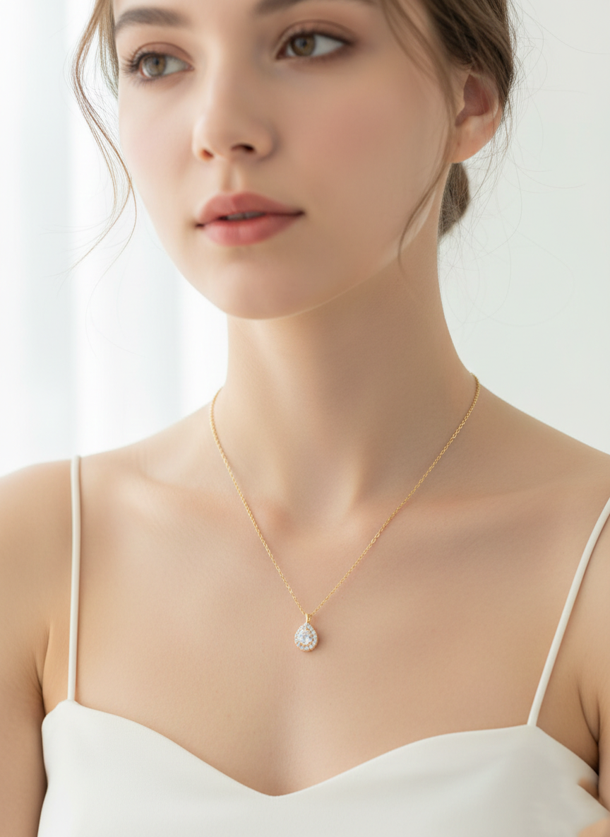 Elegant Pear-Cut Halo Pendant Necklace