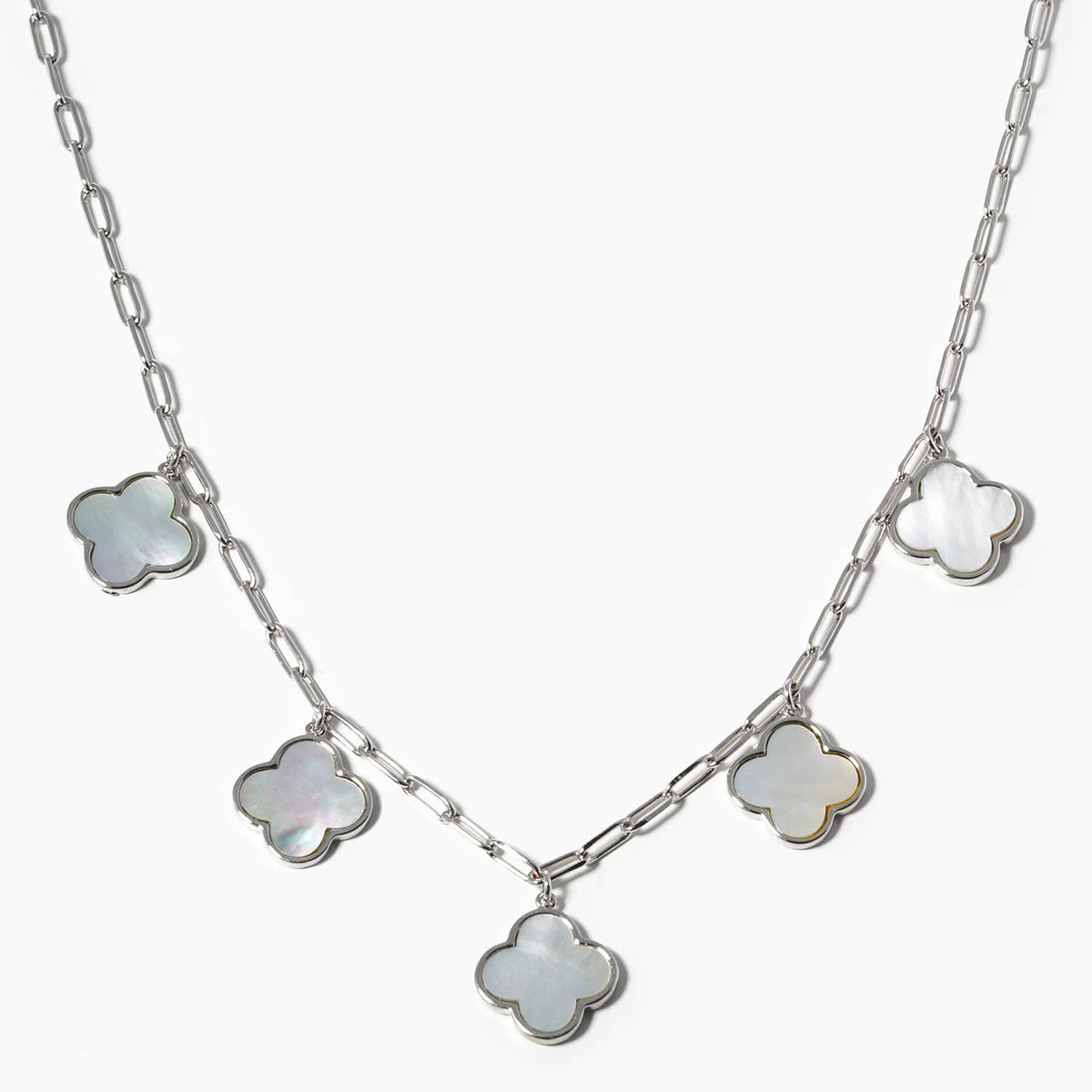 5-Clover Charm Paperclip Link Station Necklace