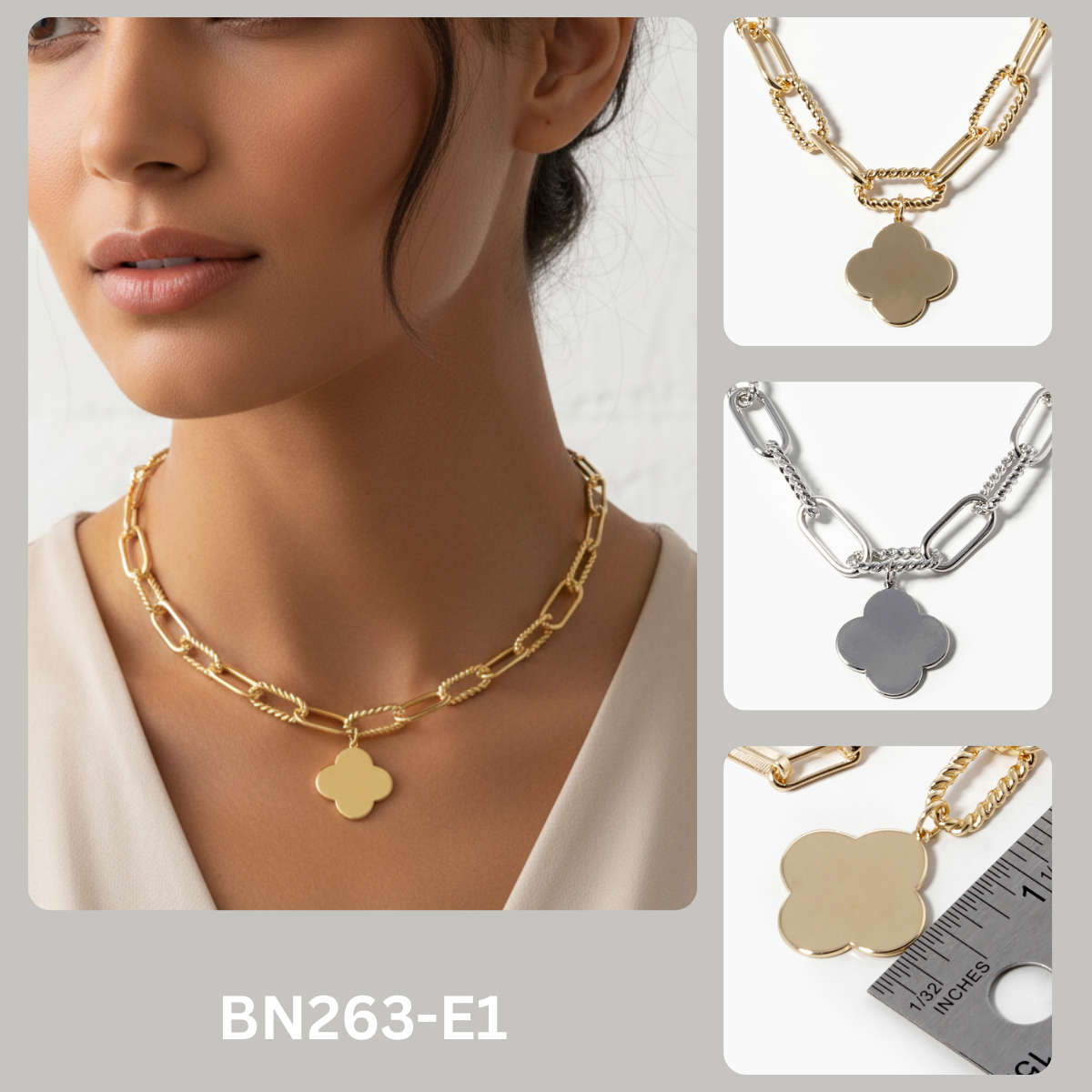 Mixed Link Chain Clover Pendant Necklace
