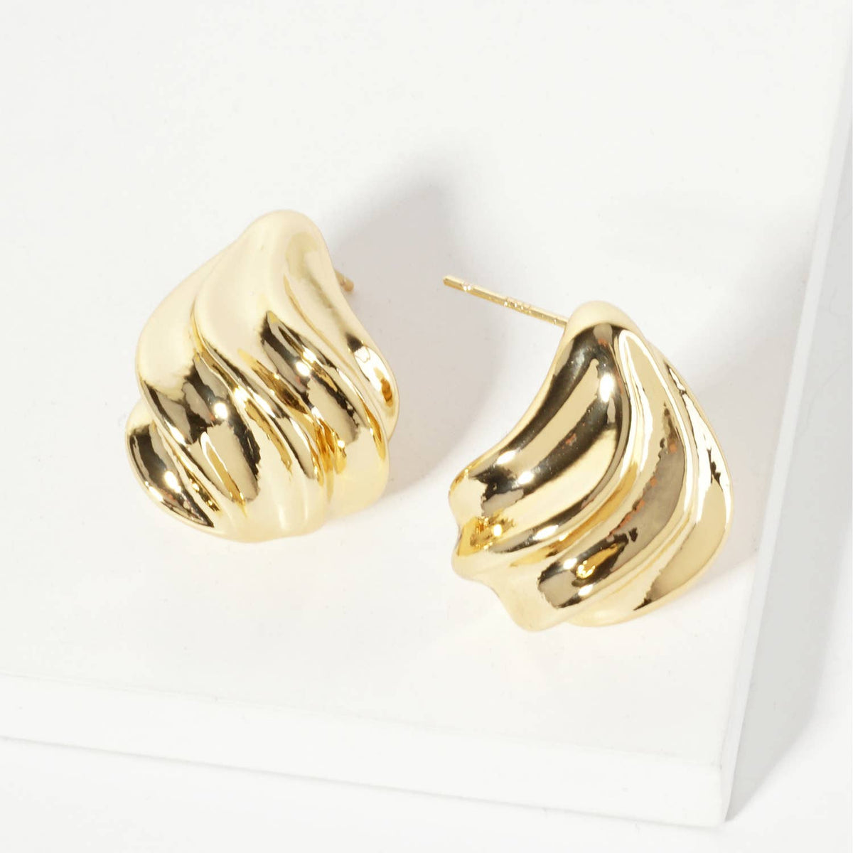 Polished Brass Sculpted Wave Teardrop Post Earrings