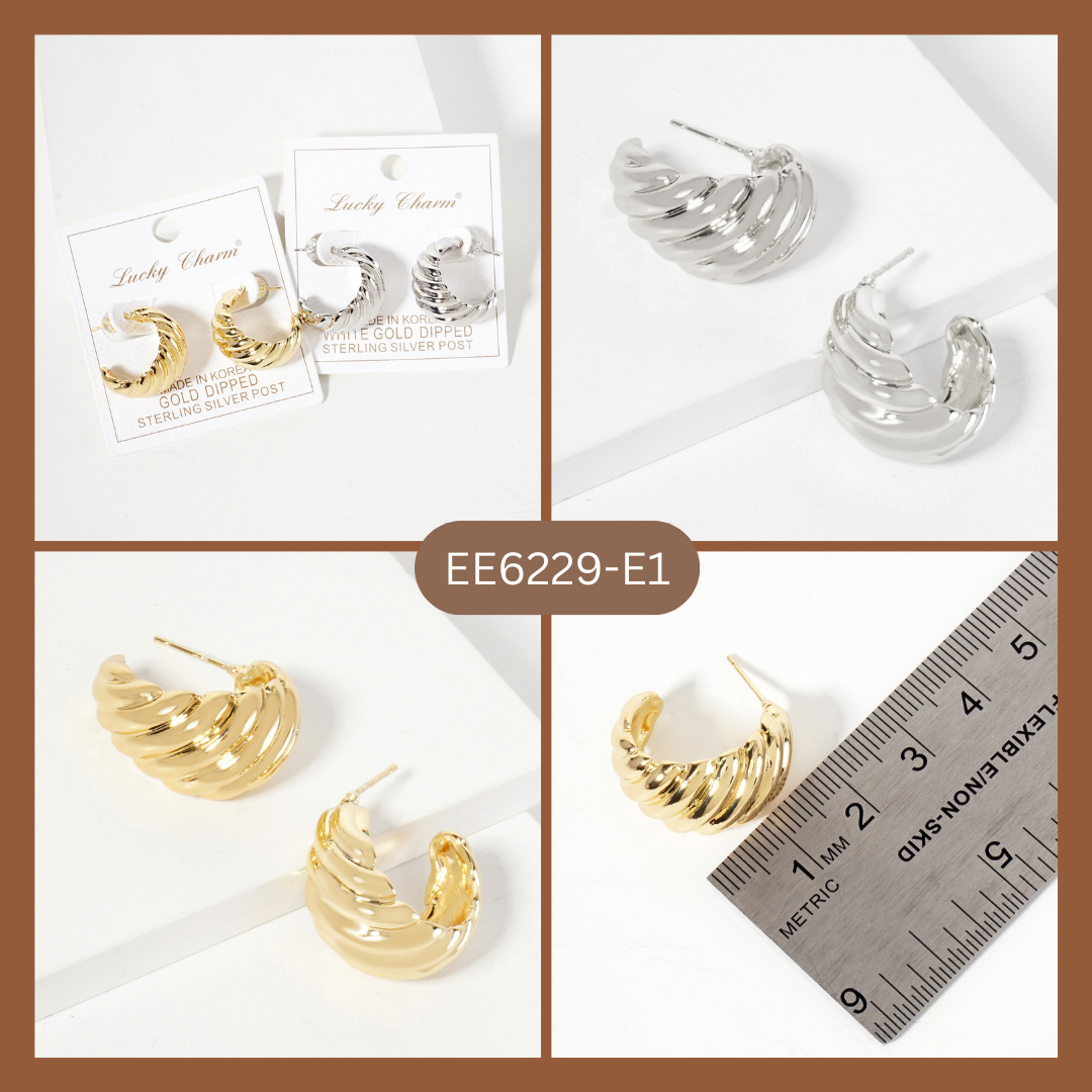 Polished Brass Wavy-Texture Tapered Open Hoop Earrings