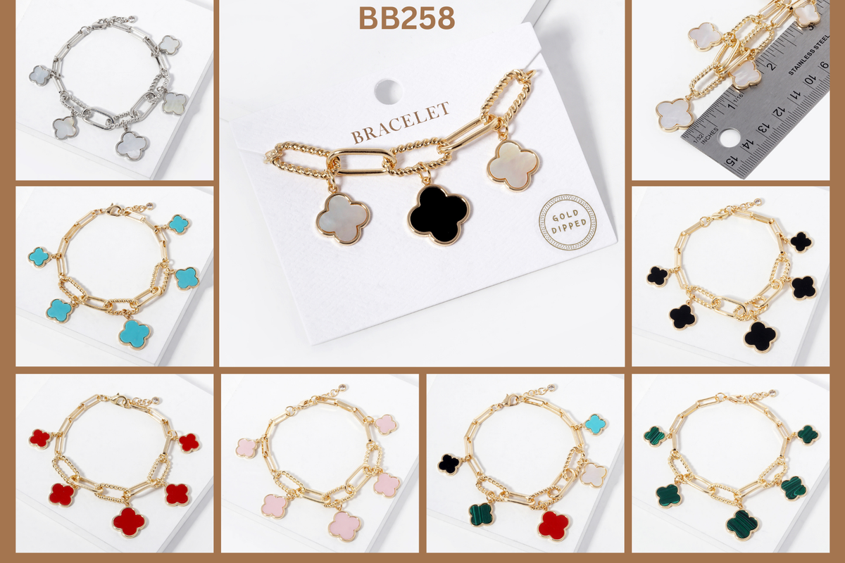18K Gold Plated Clover Charm Paperclip Link Bracelet
