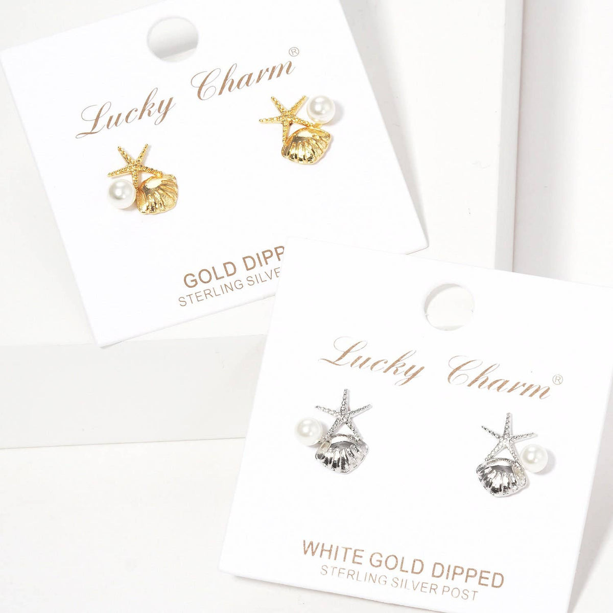 Gold Freshwater Pearl Seashell & Starfish Stud Earrings