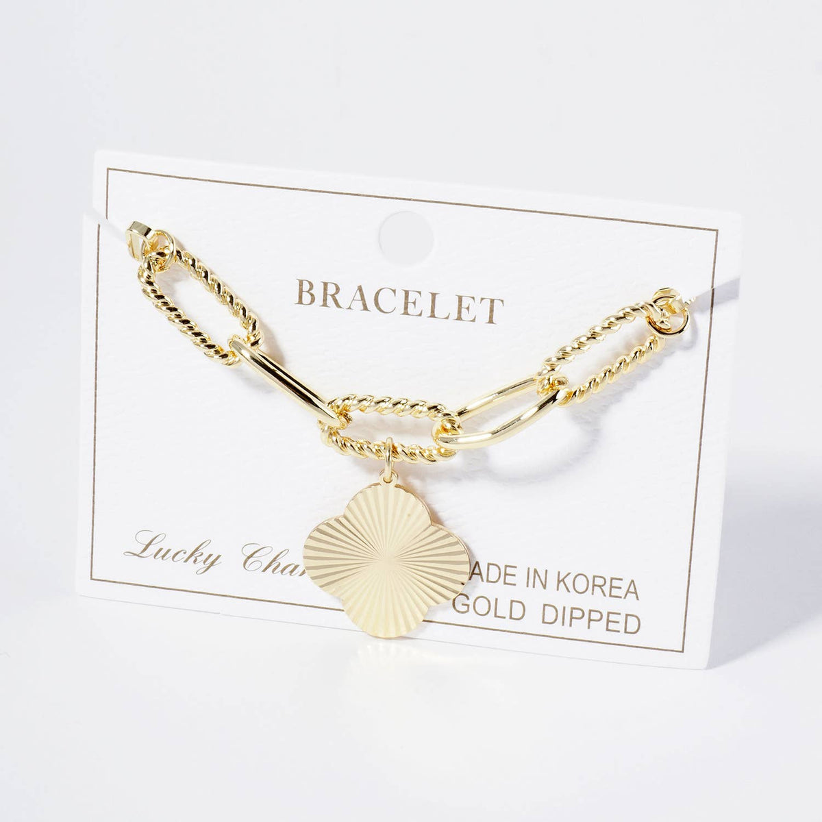 Sunburst Texture Quatrefoil Charm Link Chain Bracelet