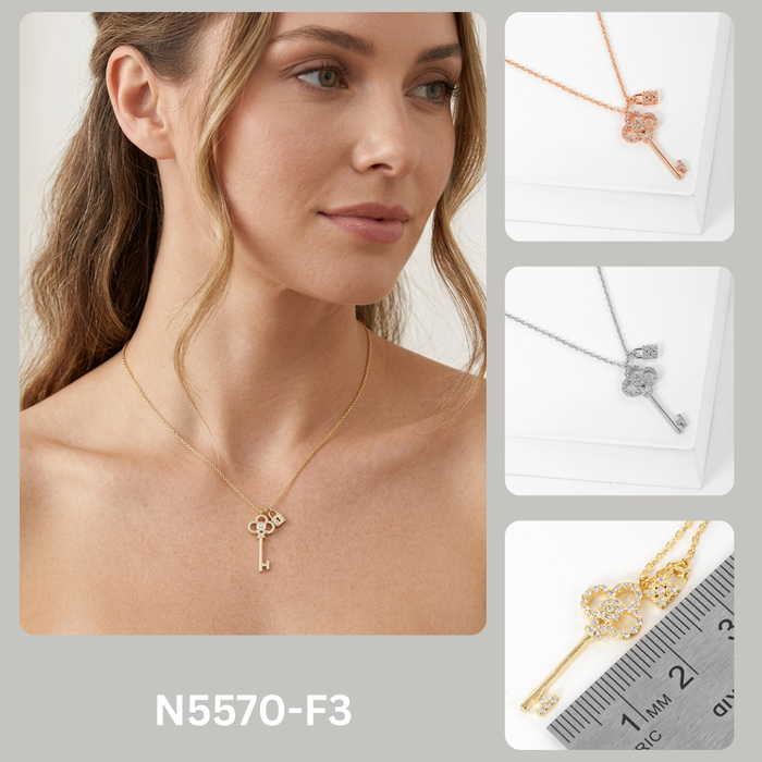 Pave Clover Key and Lock Pendant Necklace