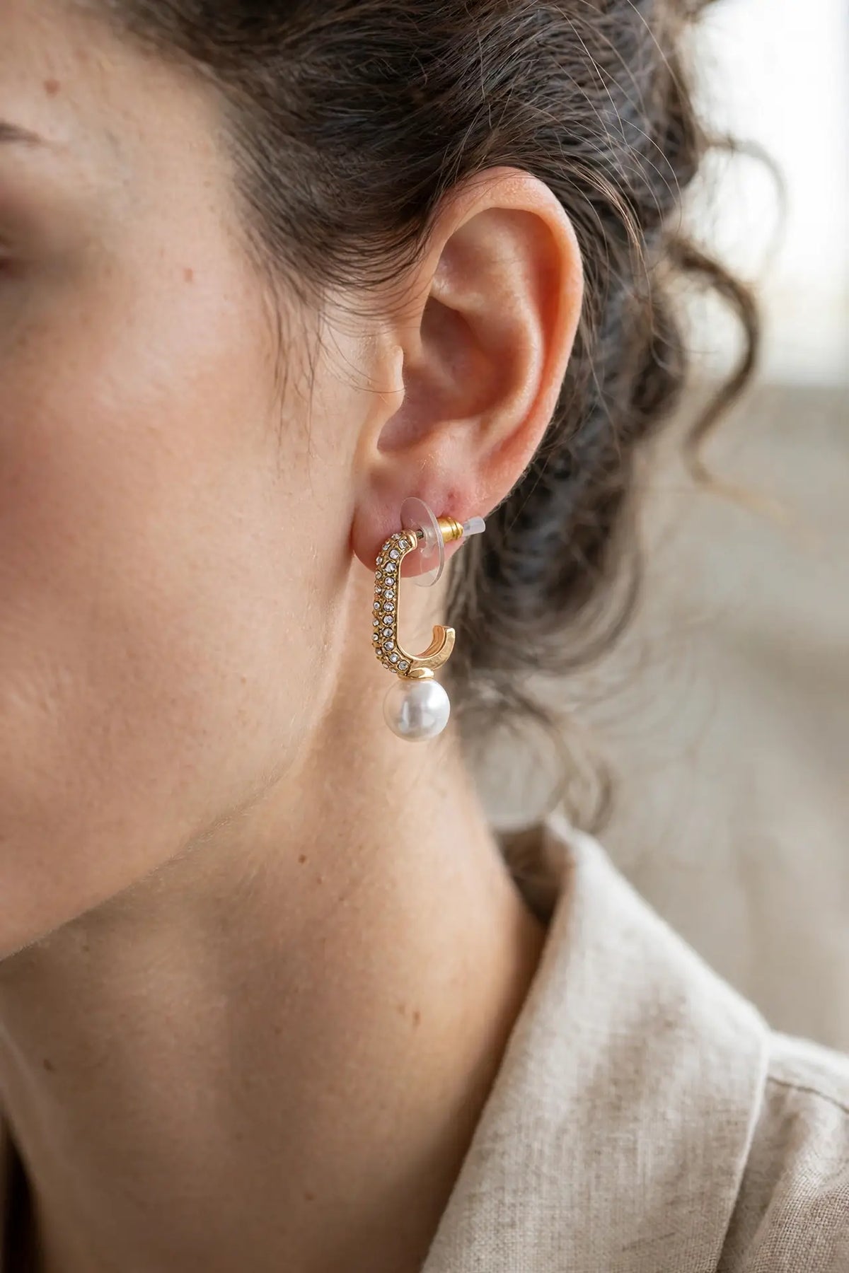 Crystal J-Hook Pearl Drop Earrings – Pavé Curve with Pearl