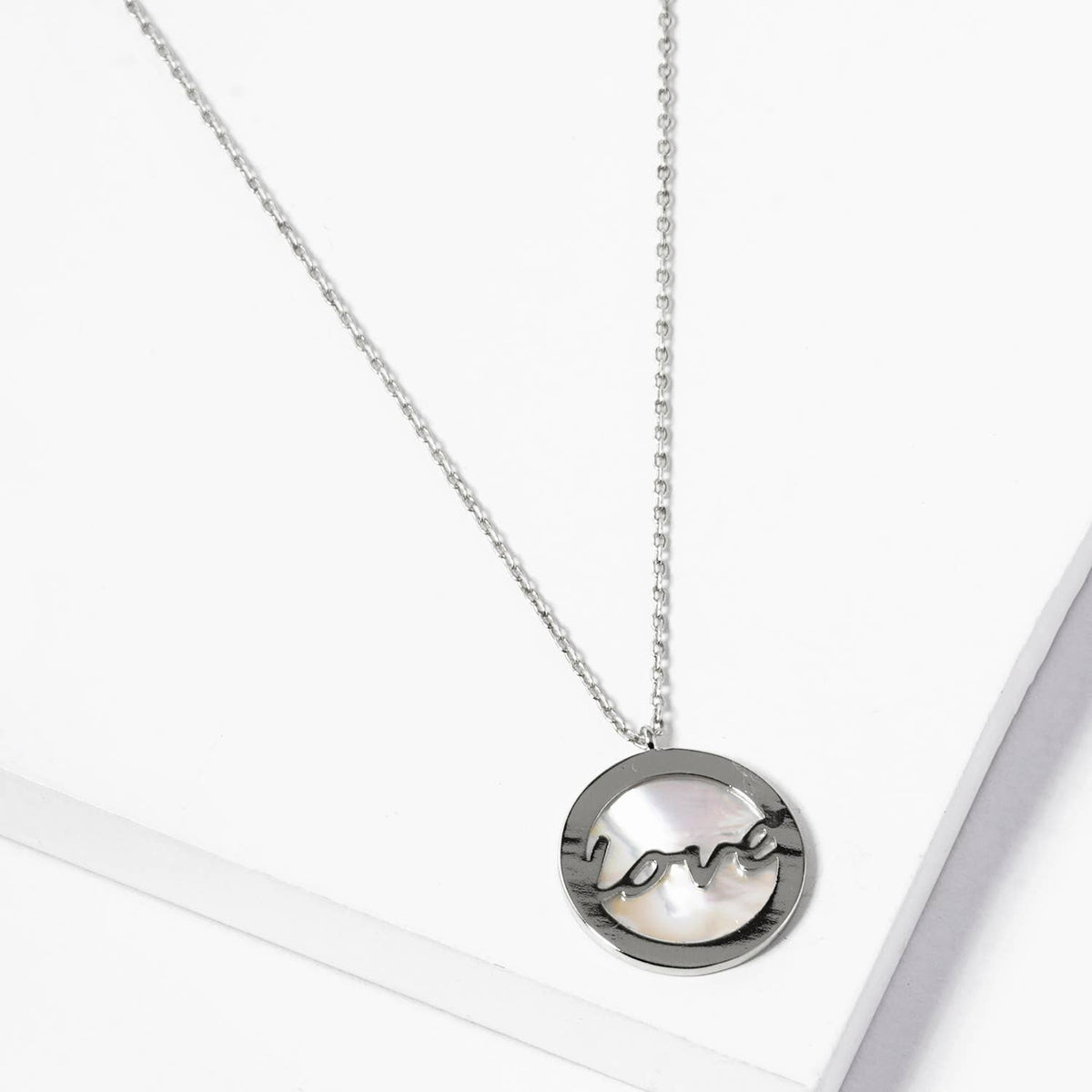Mother of Pearl "Love" Script Disc Necklace
