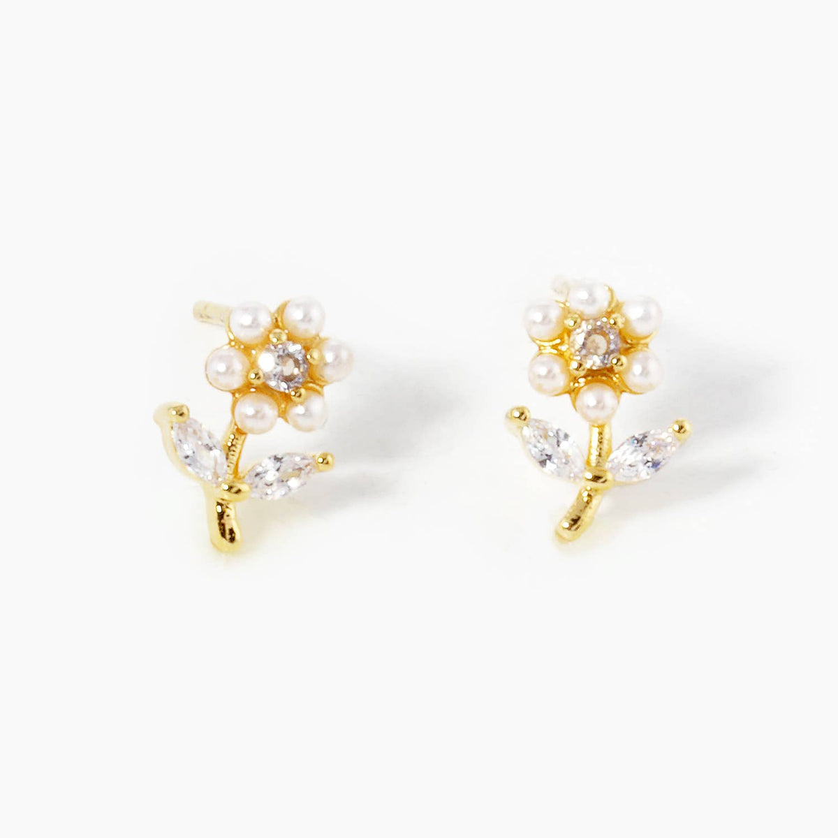 Dainty Flower CZ and Pearl Stud Earrings