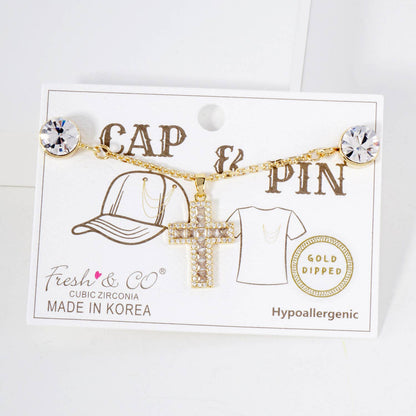 Cubic Zirconia Cross "Cap & Pin" Hat Chain Accessory