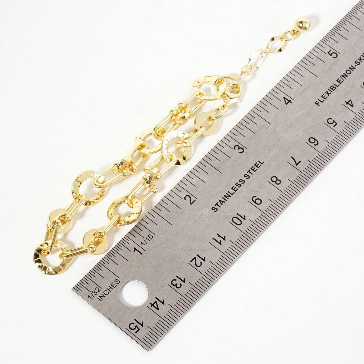 Polished Brass Textured Circle Links with Chain Bracelet