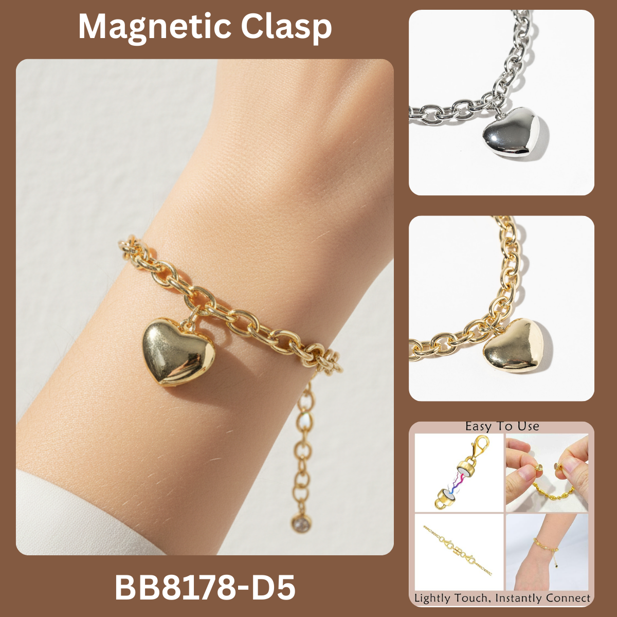 Puffed Heart Chunky Chain Bracelet with Easy Magnetic Clasp