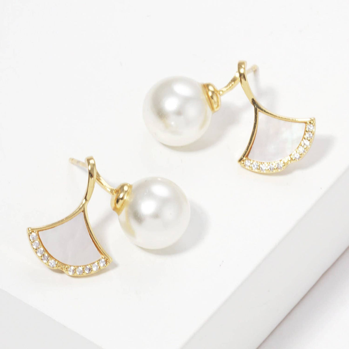 Gold Freshwater Pearl Fan Shaped Stud Earrings