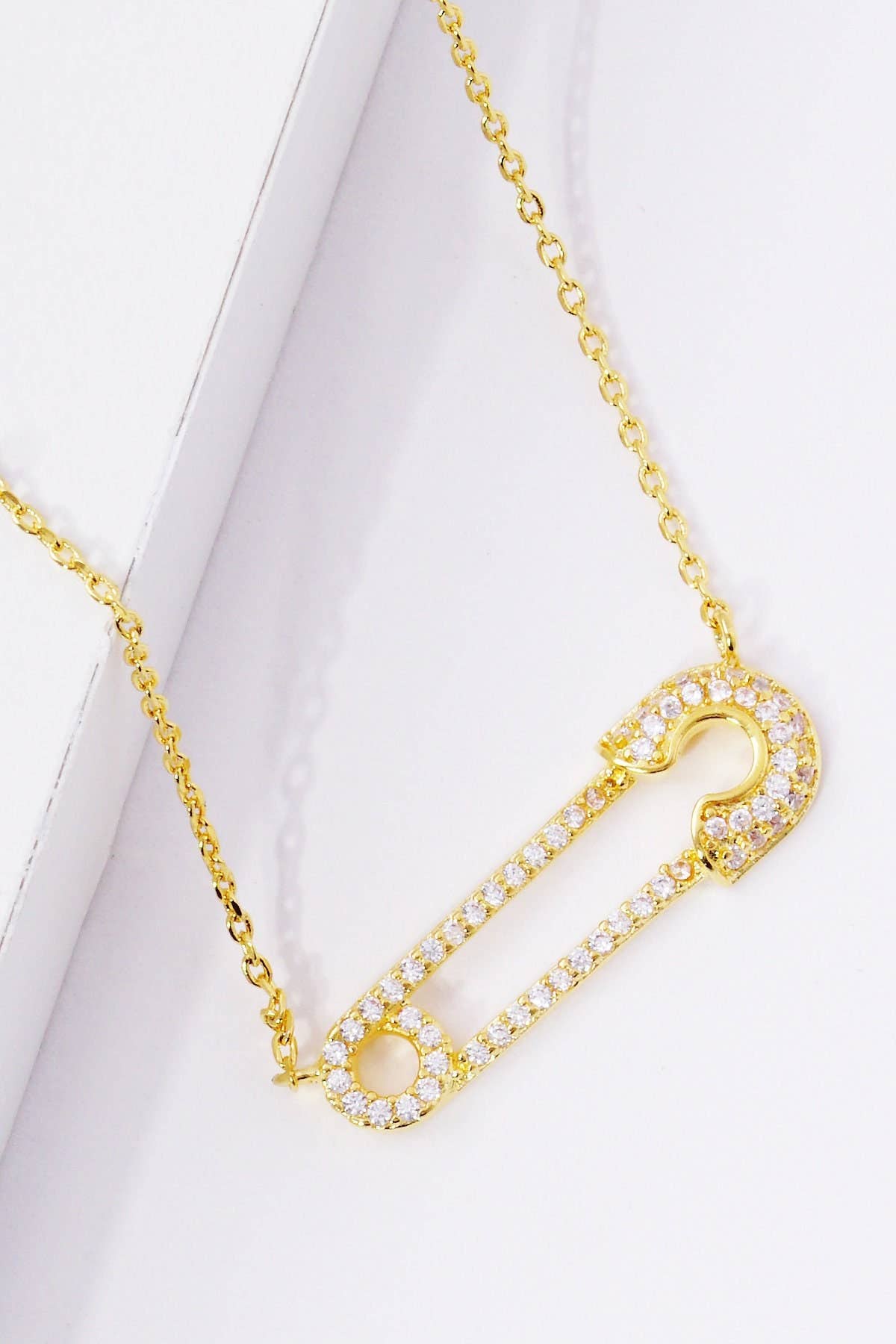 Gold Cubic Embedded Safety Pin Necklace